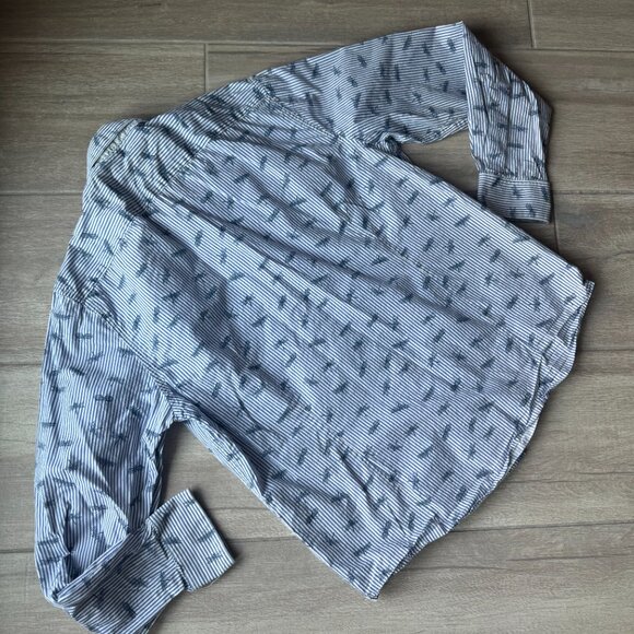 Denim & Flower White & Blue Striped Men's Button-Up Shirt with Dragonfly Print - Picture 4 of 6